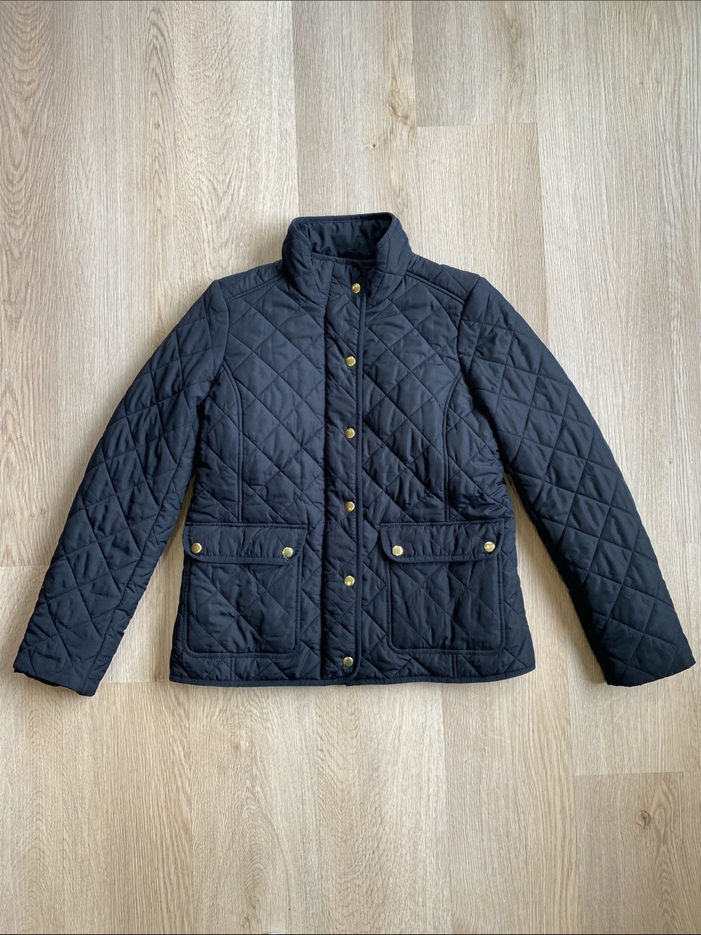 J.Crew Quilted Jacket Black Gold Hardware Snap Front Utility Coat Size M